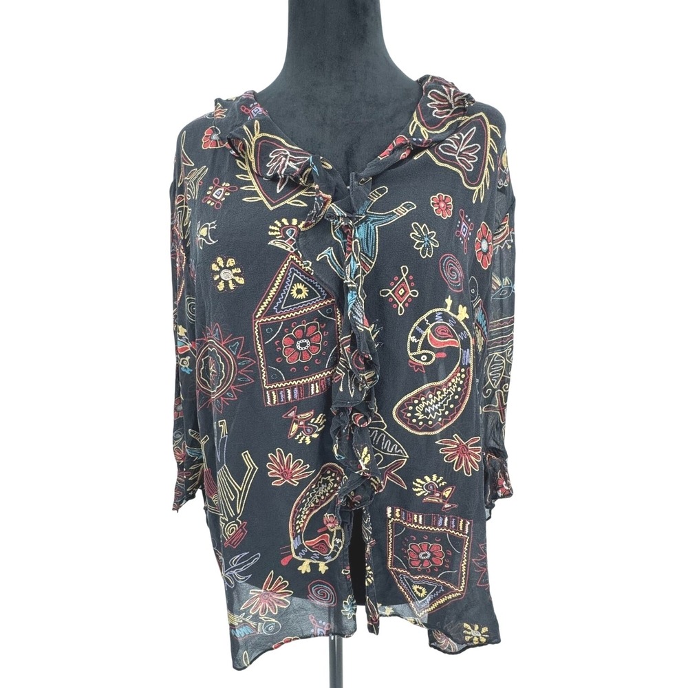 Chicos Womes Silk Button Top Size L Novelty Lagenlook Art Teacher Ruffle Vintage